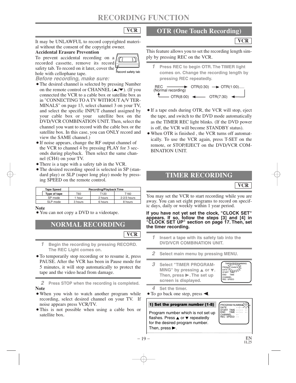 Recording function, Normal recording, Otr (one touch recording) | Timer recording | Audiovox AXWD2003 User Manual | Page 19 / 34