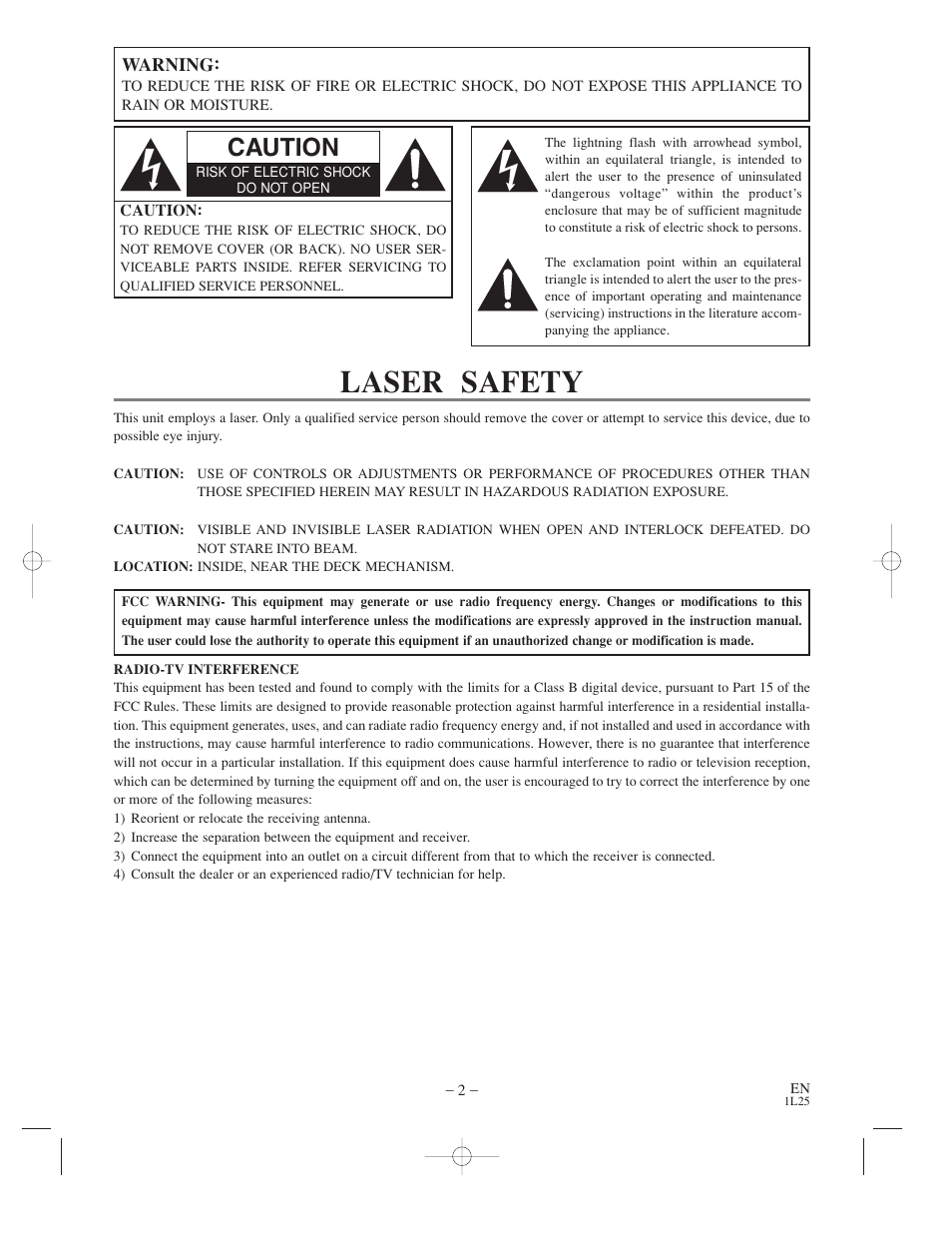Laser safety, Caution | Audiovox AXWD2003 User Manual | Page 2 / 34
