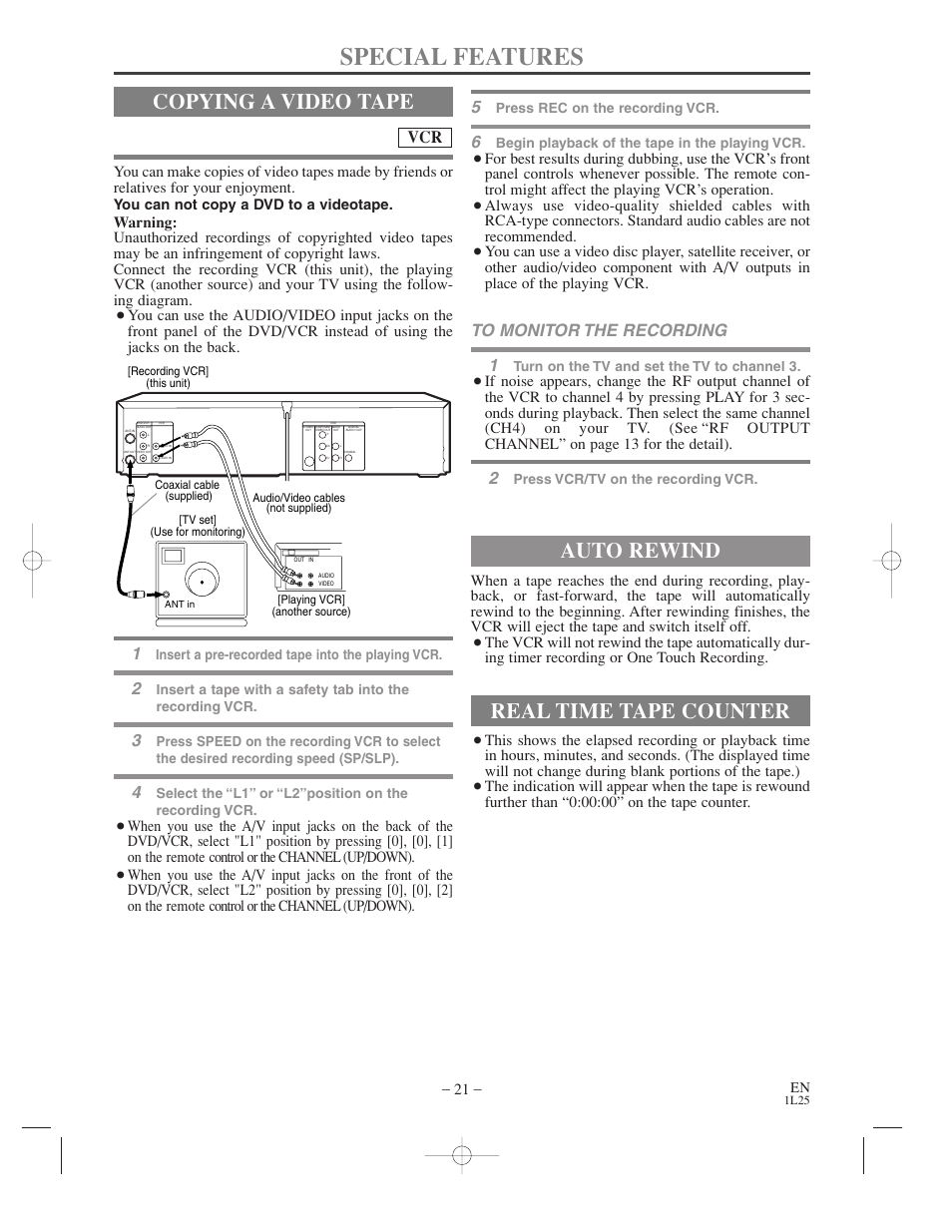 Special features, Copying a video tape, Auto rewind | Real time tape counter | Audiovox AXWD2003 User Manual | Page 21 / 34