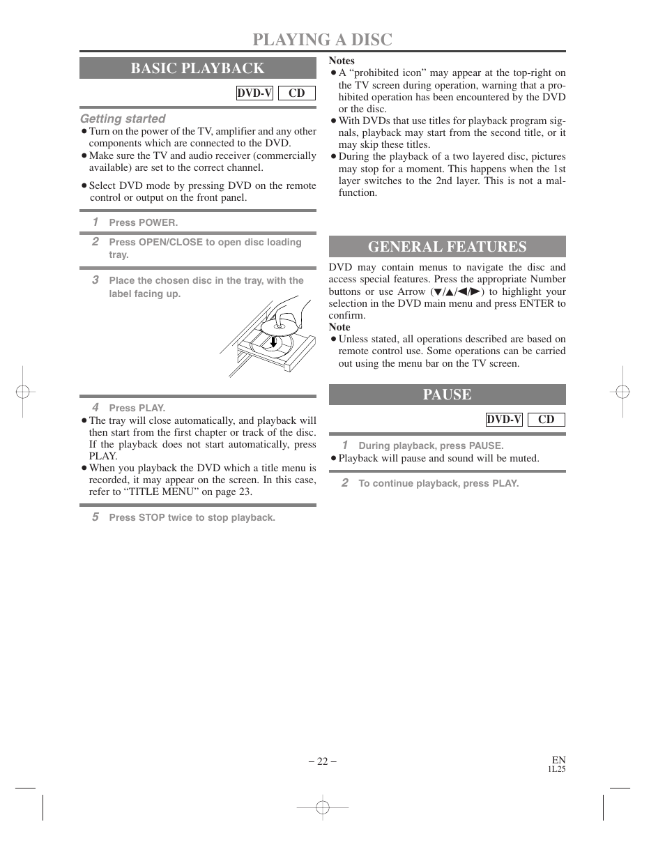 Playing a disc, Basic playback, General features | Pause | Audiovox AXWD2003 User Manual | Page 22 / 34