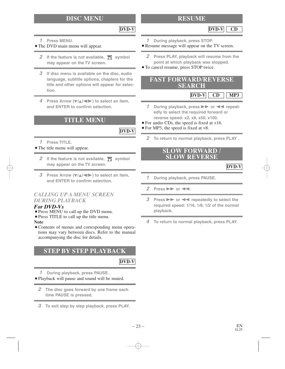 Title menu, Step by step playback, Resume | Disc menu | Audiovox AXWD2003 User Manual | Page 23 / 34