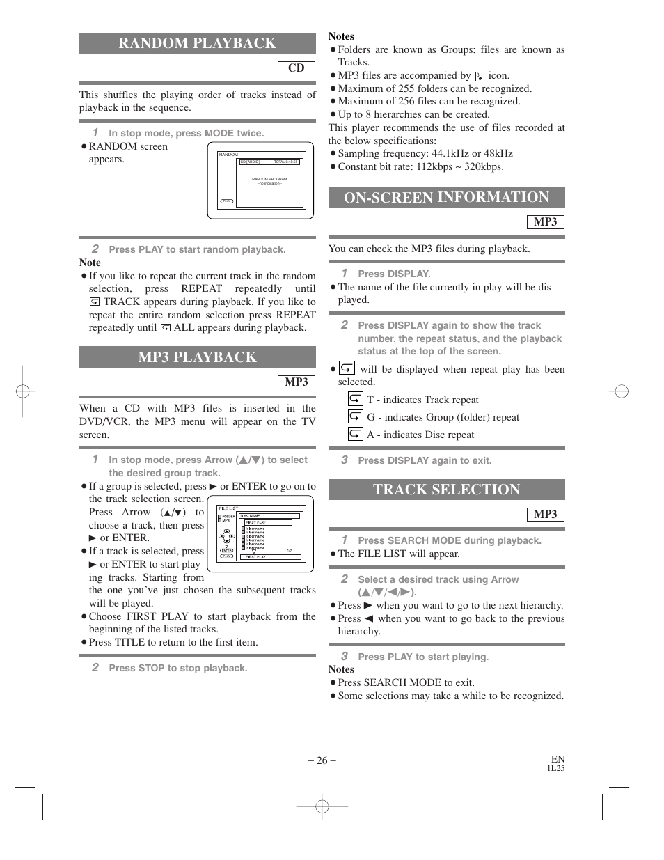 Random playback, Mp3 playback, On-screen information | Track selection | Audiovox AXWD2003 User Manual | Page 26 / 34