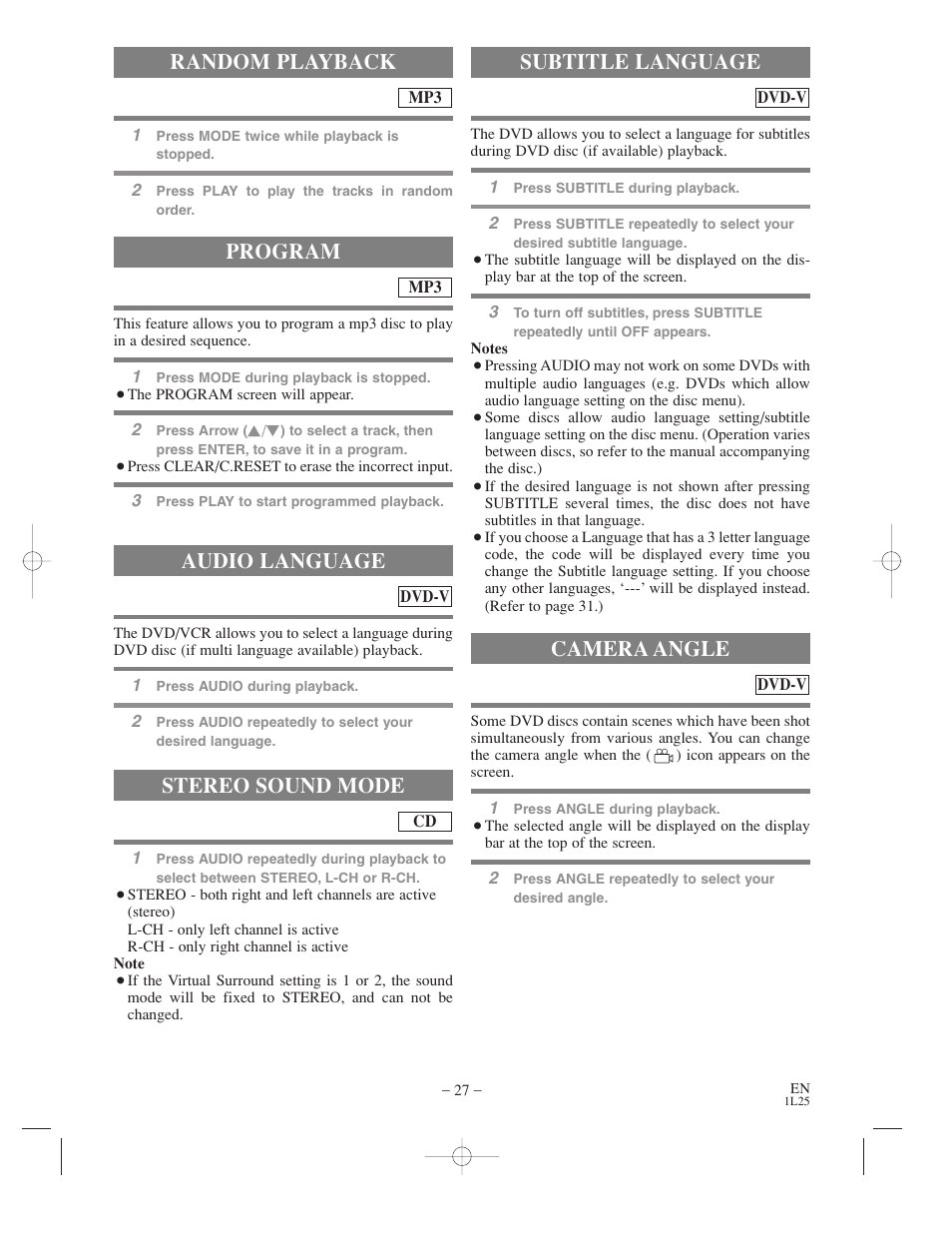Random playback, Program audio language, Stereo sound mode | Subtitle language camera angle | Audiovox AXWD2003 User Manual | Page 27 / 34