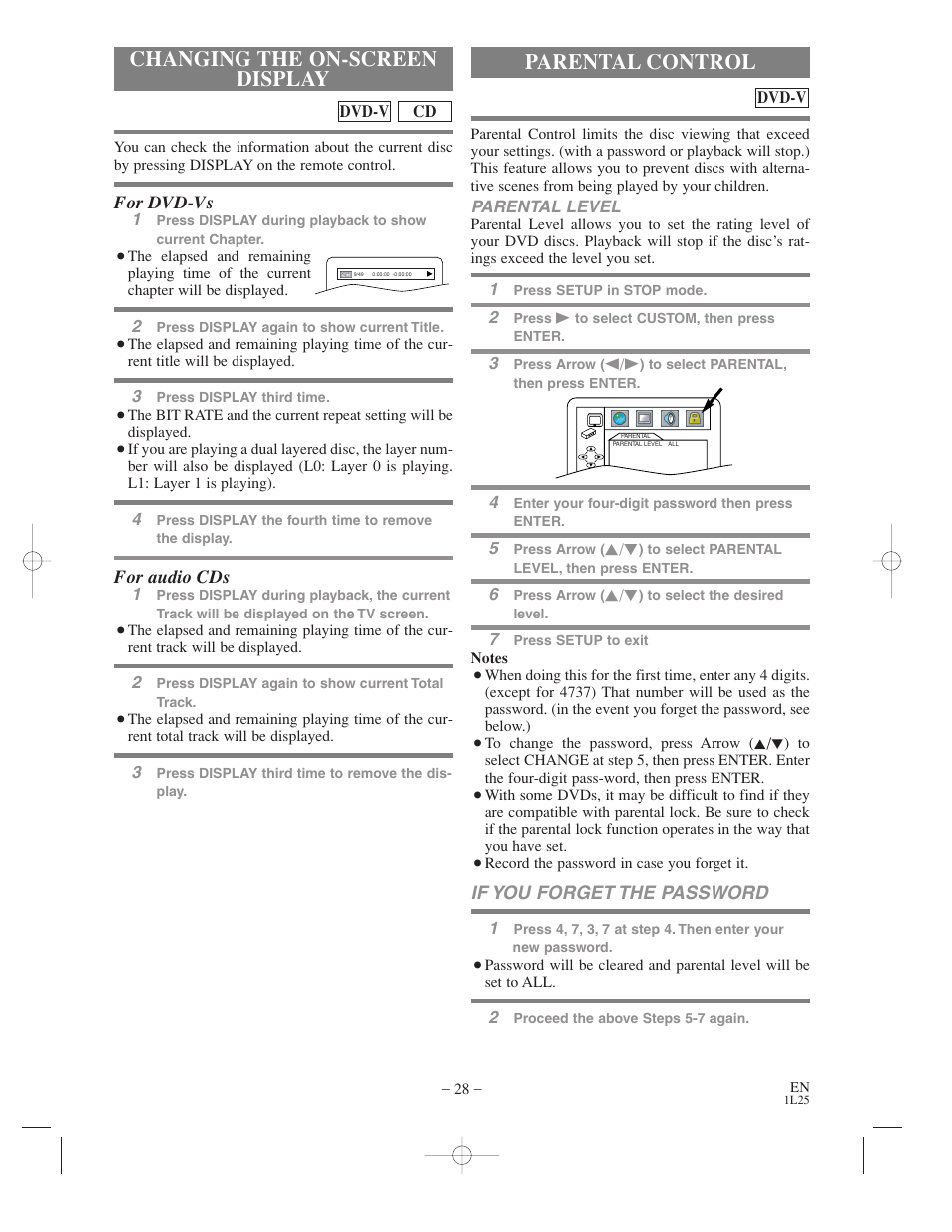 Changing the on-screen display, Parental control | Audiovox AXWD2003 User Manual | Page 28 / 34