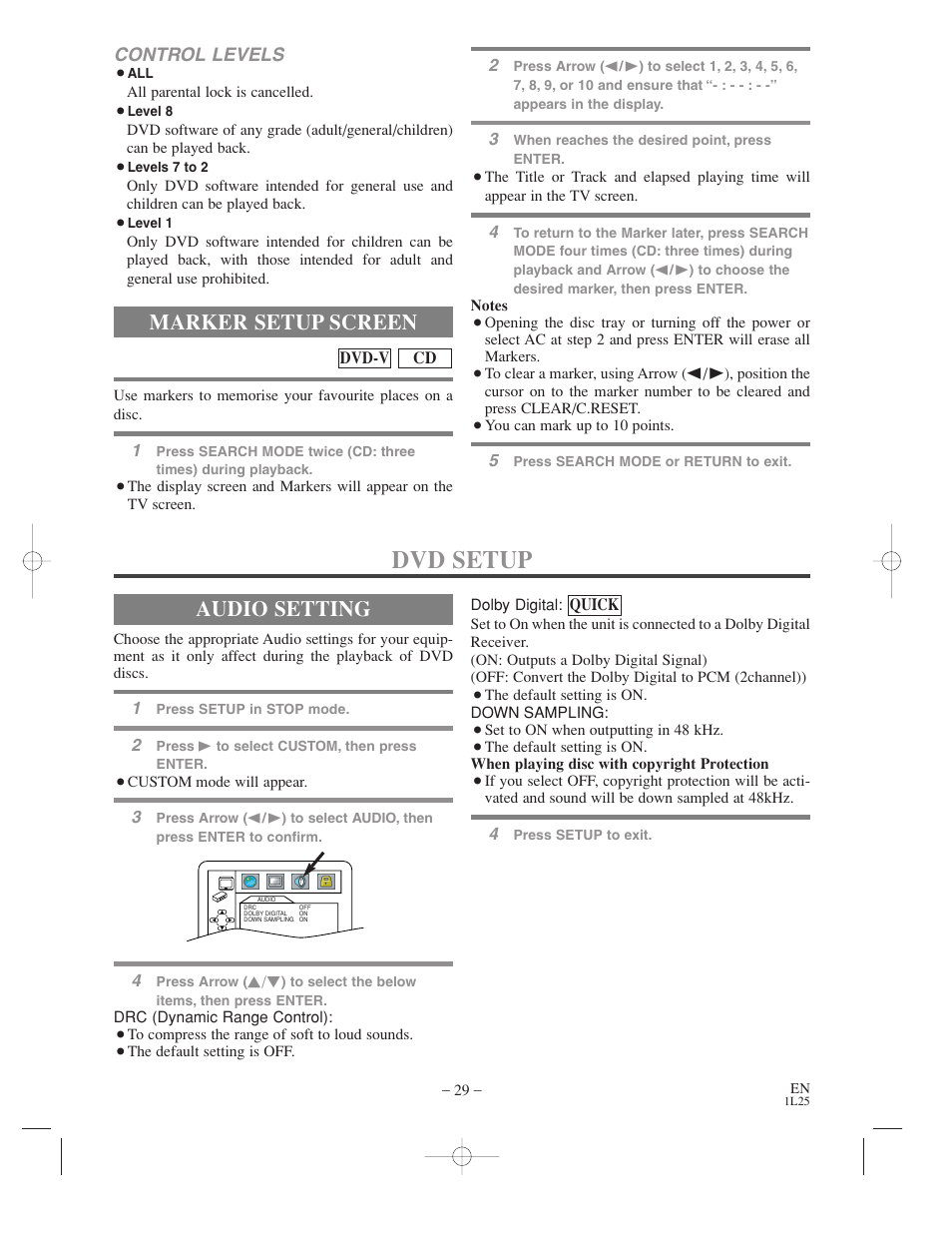 Dvd setup, Marker setup screen, Audio setting | Audiovox AXWD2003 User Manual | Page 29 / 34