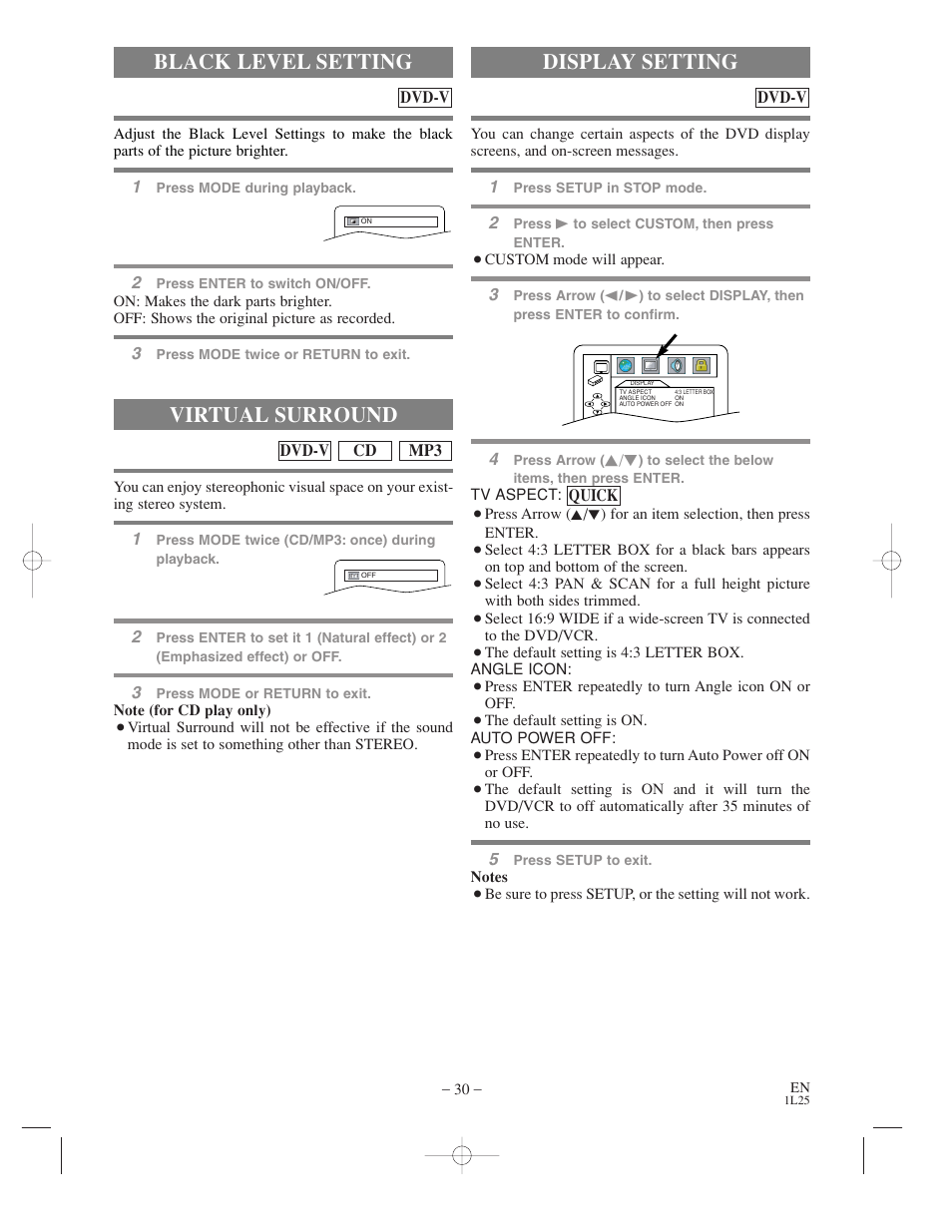 Black level setting, Virtual surround, Display setting | Audiovox AXWD2003 User Manual | Page 30 / 34