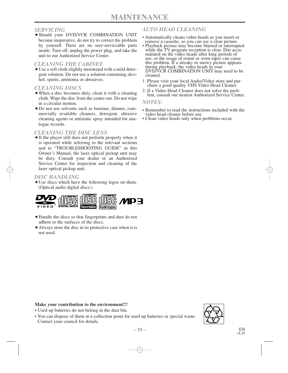Maintenance | Audiovox AXWD2003 User Manual | Page 33 / 34