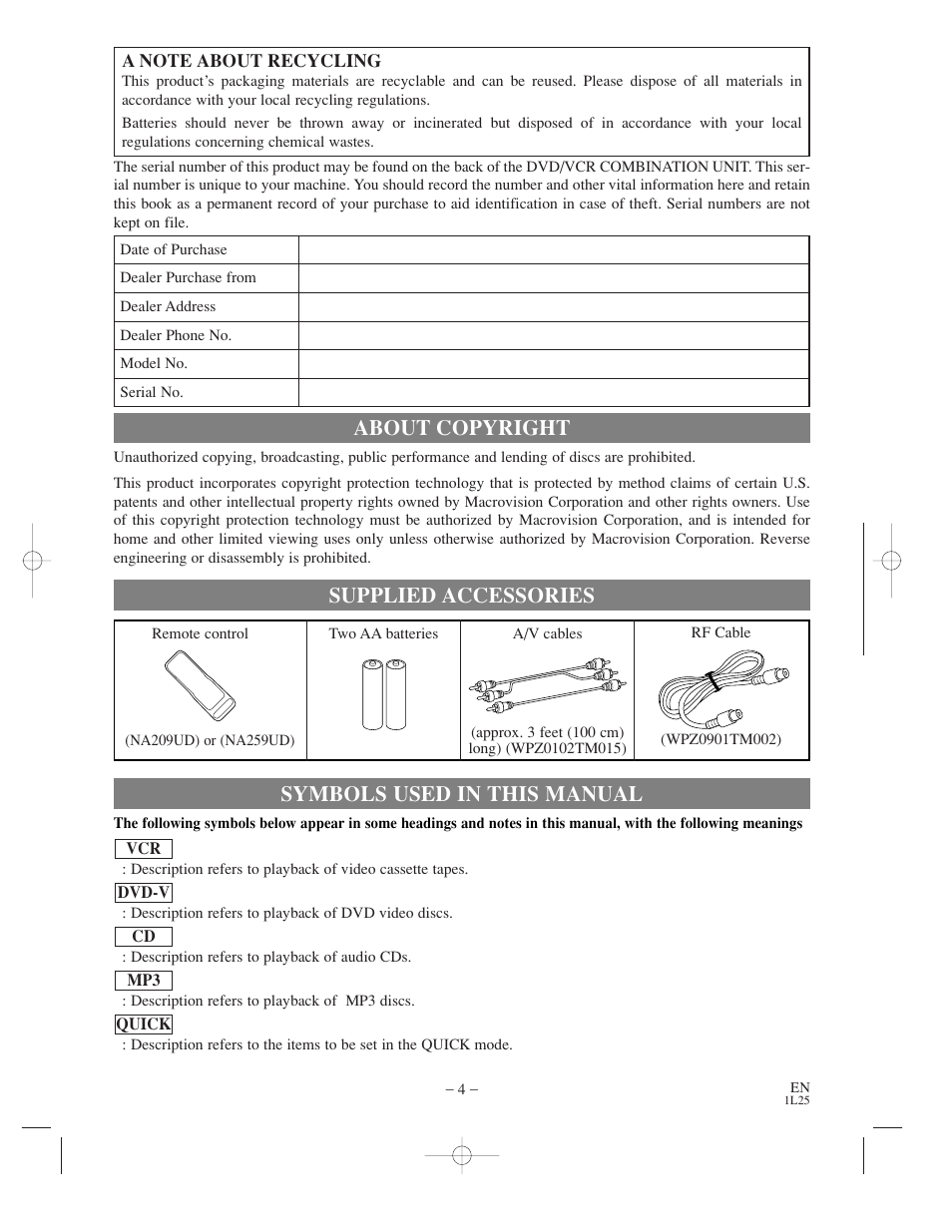 About copyright, Symbols used in this manual, Supplied accessories | Audiovox AXWD2003 User Manual | Page 4 / 34