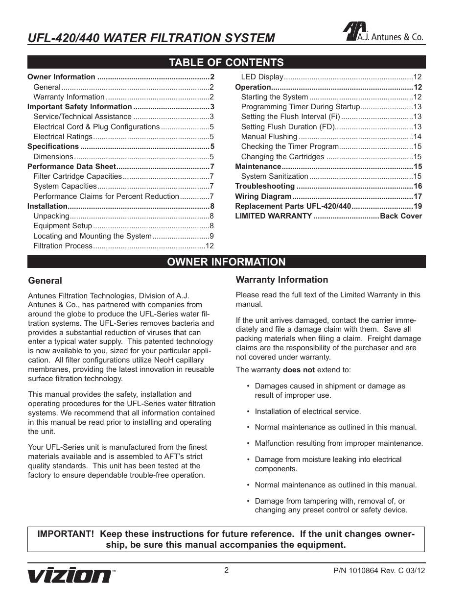 Owner information table of contents, A.j. antunes & co | A.J. Antunes & Co UFL-440 9700472 User Manual | Page 2 / 20