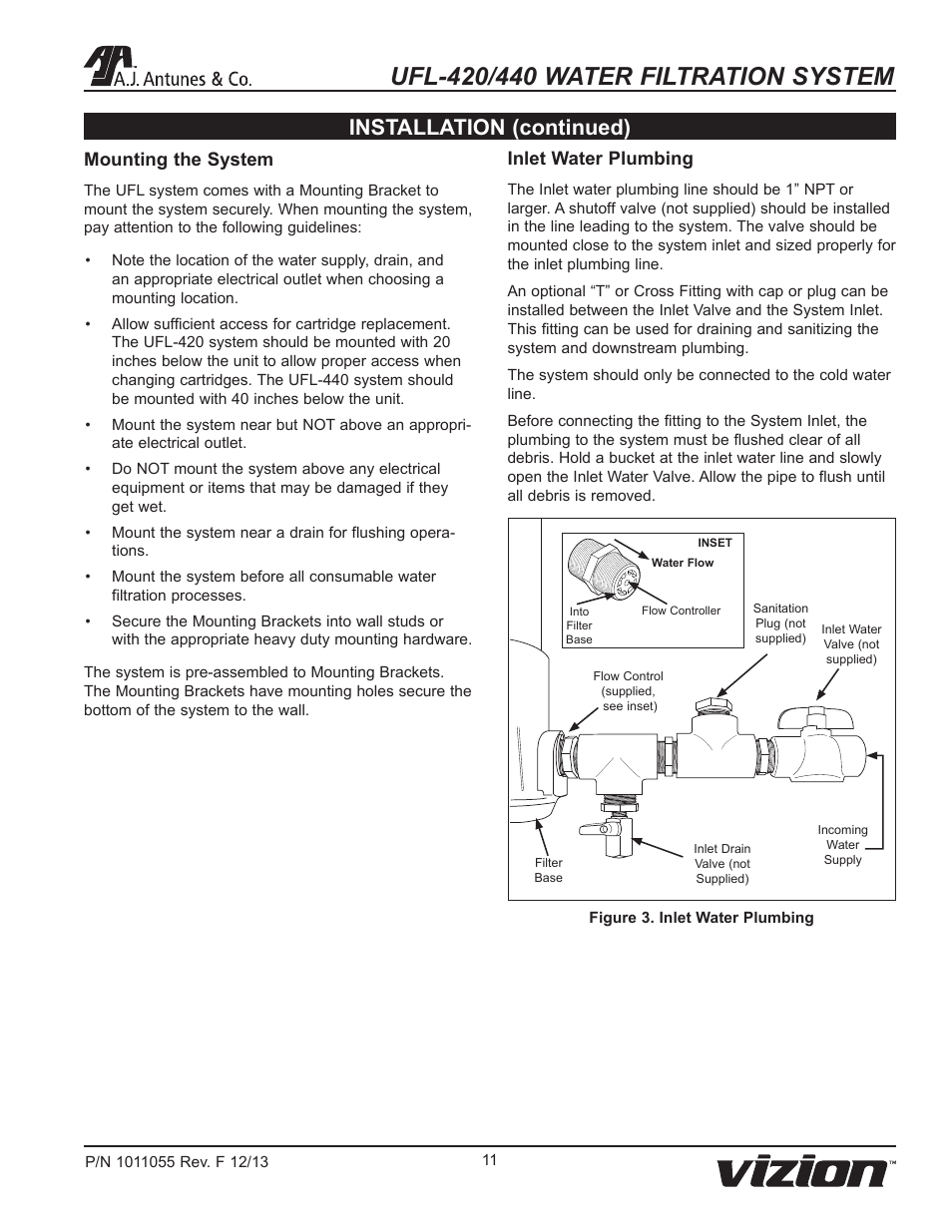 Installation (continued), Mounting the system, Inlet water plumbing | A.J. Antunes & Co UFL-440 9700475 User Manual | Page 11 / 20