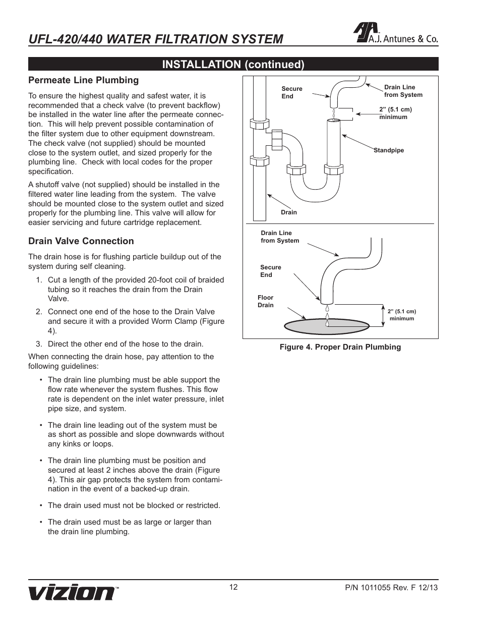 Installation (continued), Drain valve connection, Permeate line plumbing | A.J. Antunes & Co UFL-440 9700475 User Manual | Page 12 / 20