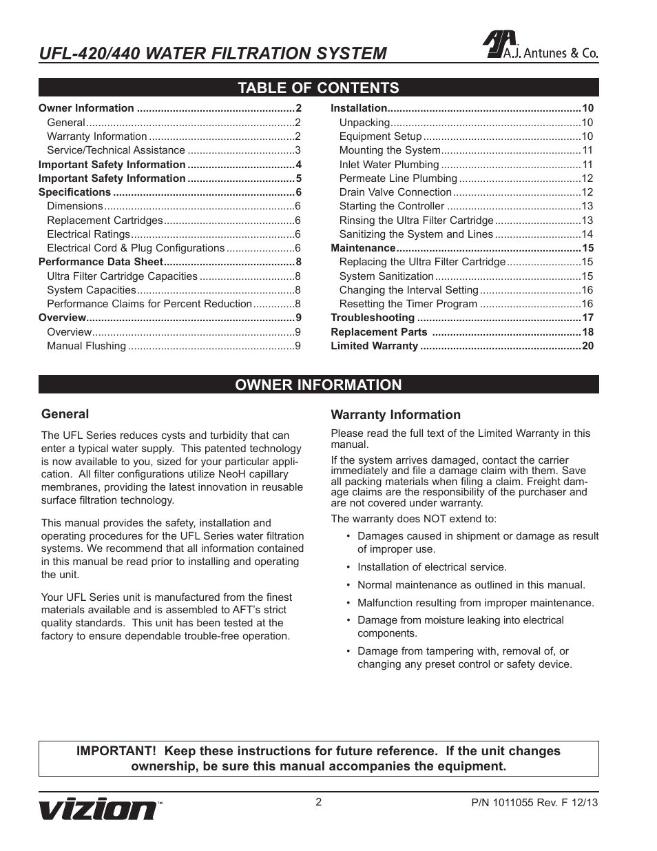 Owner information table of contents | A.J. Antunes & Co UFL-440 9700475 User Manual | Page 2 / 20