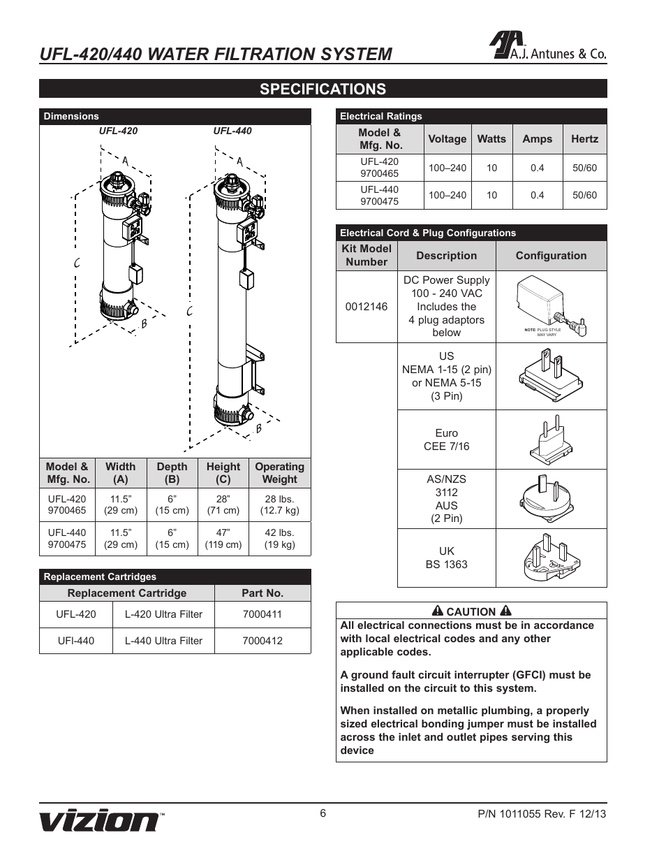 Specifications | A.J. Antunes & Co UFL-440 9700475 User Manual | Page 6 / 20