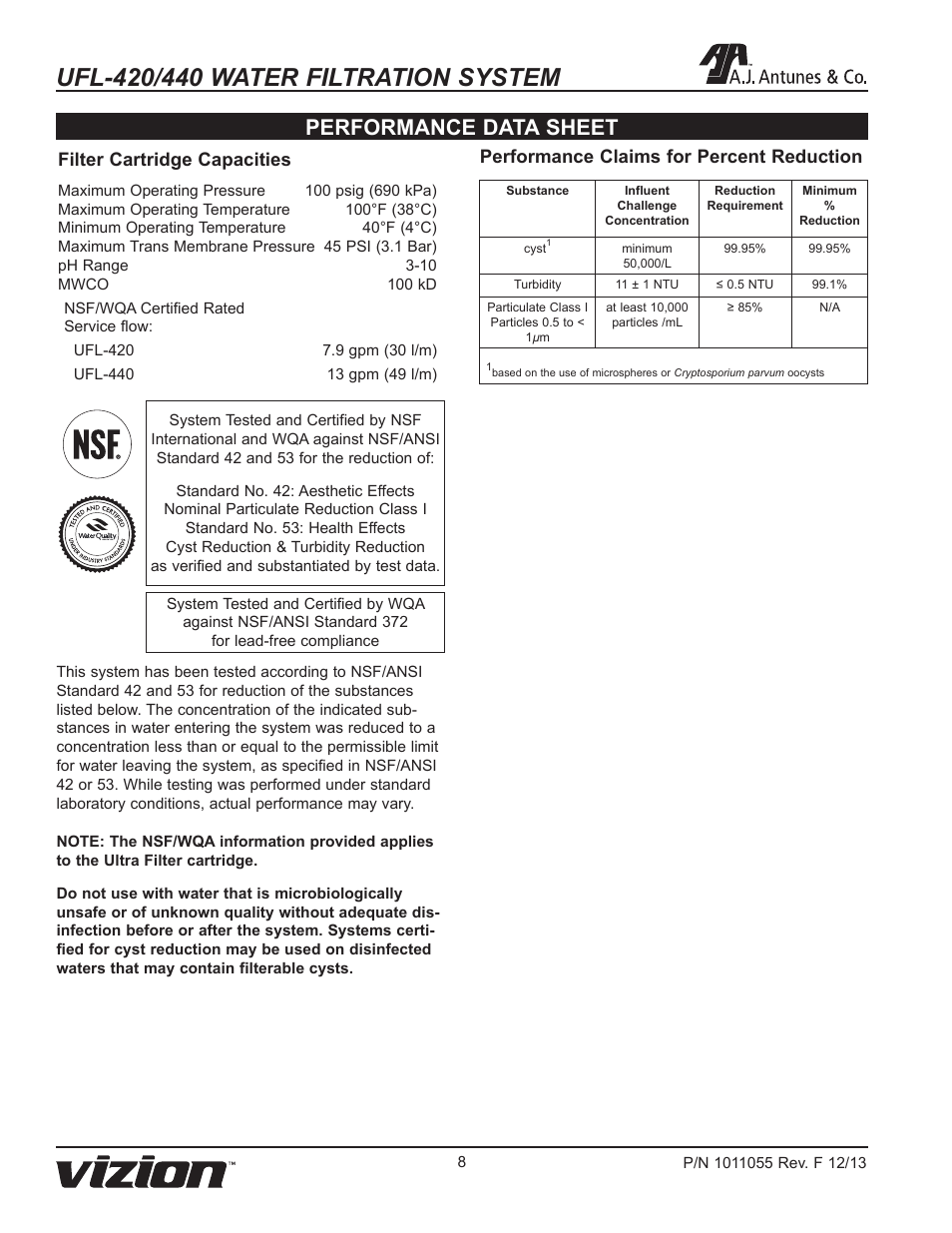 Performance data sheet, Filter cartridge capacities, Performance claims for percent reduction | A.J. Antunes & Co UFL-440 9700475 User Manual | Page 8 / 20