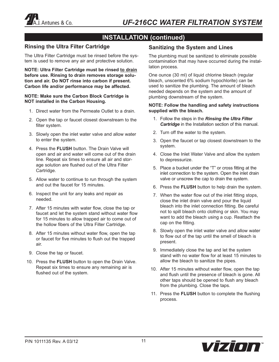 Uf-216cc water filtration system, Installation (continued), A.j. antunes & co | A.J. Antunes & Co UF-216CC 9700407 User Manual | Page 11 / 20