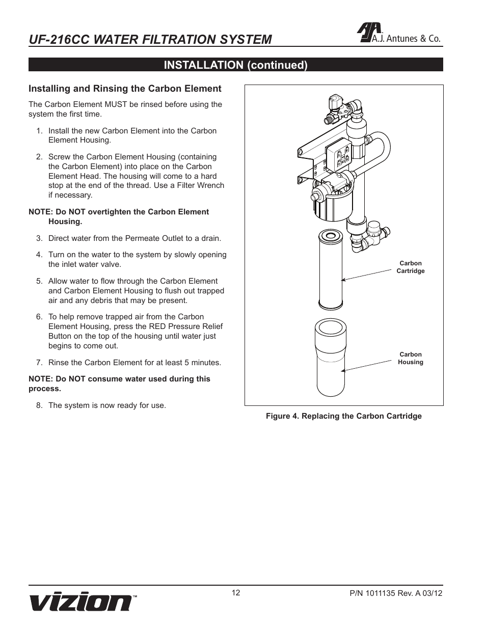 Uf-216cc water filtration system, Installation (continued), A.j. antunes & co | A.J. Antunes & Co UF-216CC 9700407 User Manual | Page 12 / 20