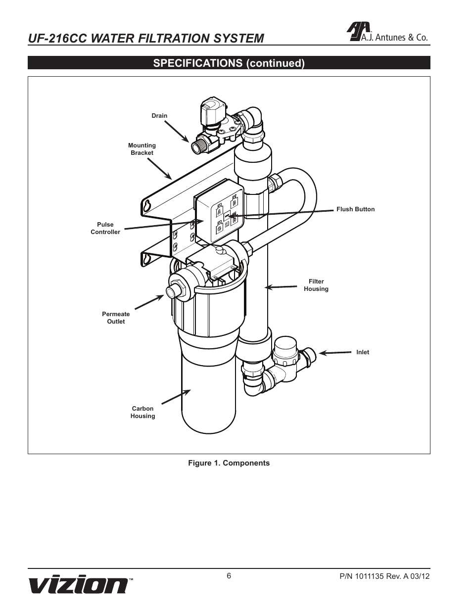 Uf-216cc water filtration system, Specifications (continued), A.j. antunes & co | A.J. Antunes & Co UF-216CC 9700407 User Manual | Page 6 / 20