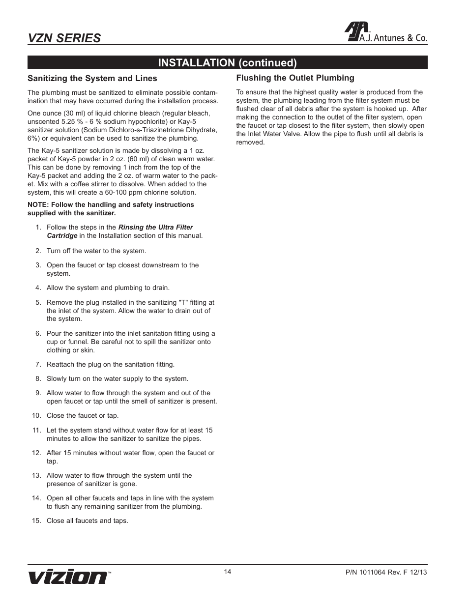 Vzn series, Installation (continued) | A.J. Antunes & Co VZN-440H 9700746 User Manual | Page 14 / 20