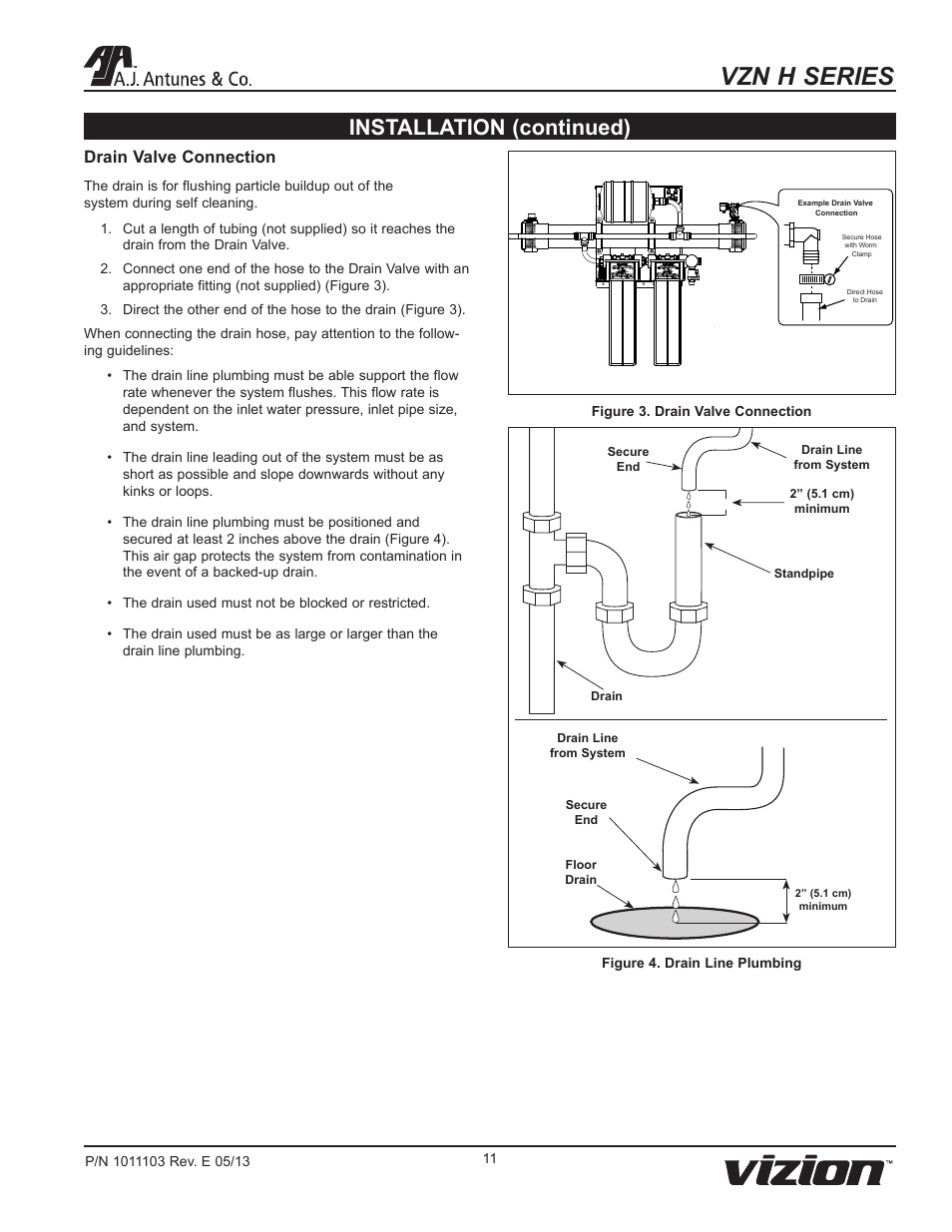 Vzn h series, Installation (continued), Drain valve connection | A.J. Antunes & Co VZN-441H-T5 9700765 User Manual | Page 11 / 24