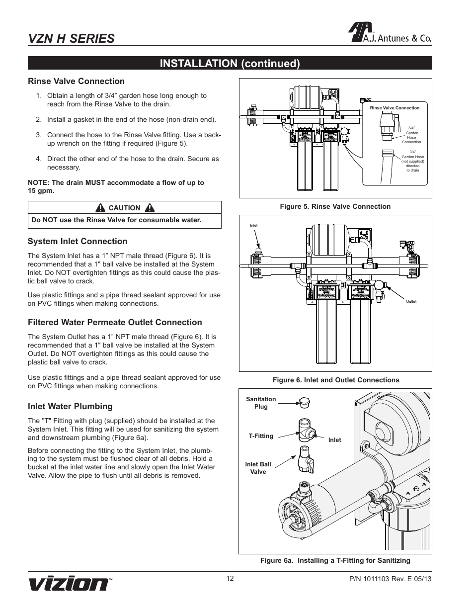 Vzn h series, Installation (continued), System inlet connection | Inlet water plumbing, Filtered water permeate outlet connection, Rinse valve connection | A.J. Antunes & Co VZN-441H-T5 9700765 User Manual | Page 12 / 24