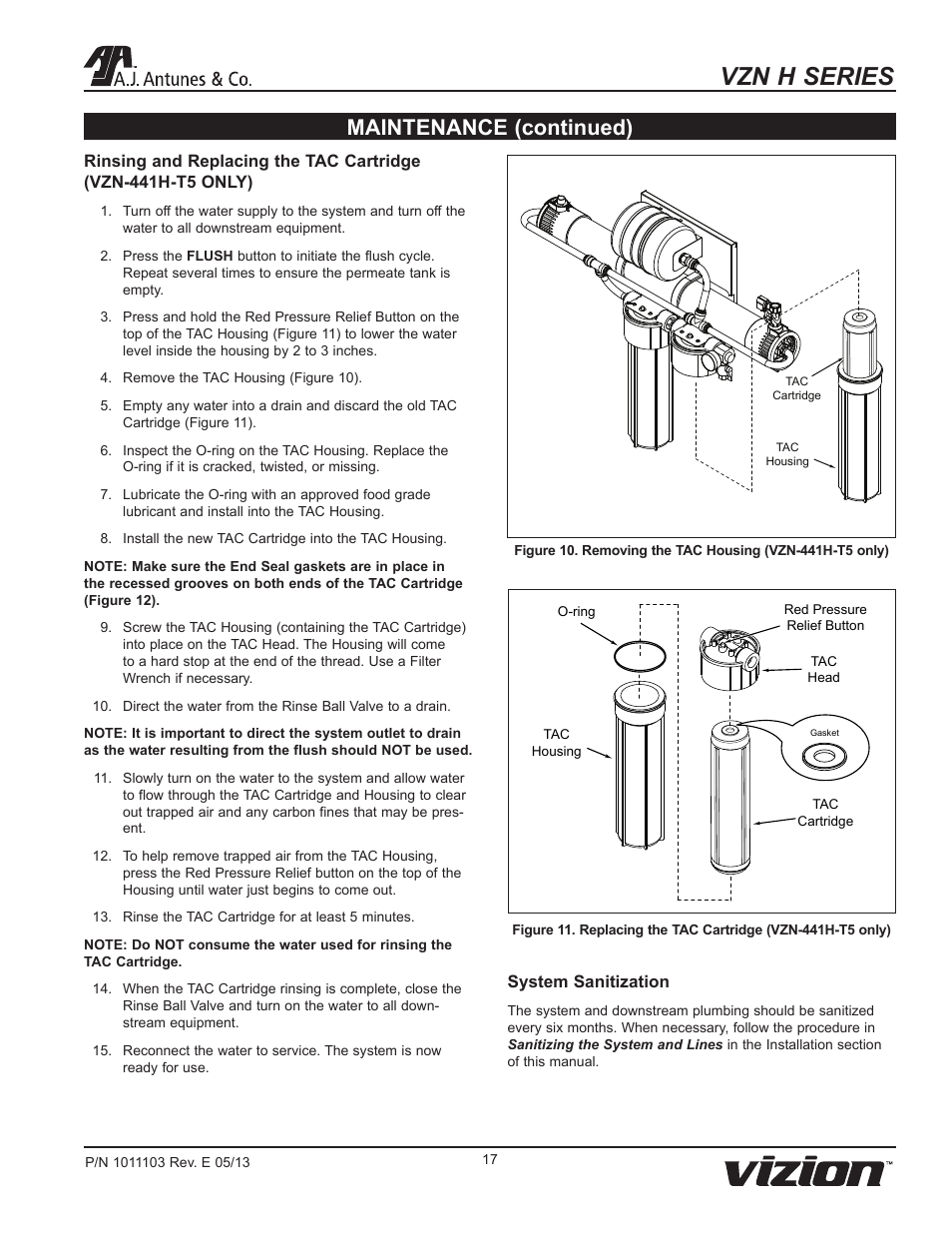 Vzn h series, Maintenance (continued) | A.J. Antunes & Co VZN-441H-T5 9700765 User Manual | Page 17 / 24