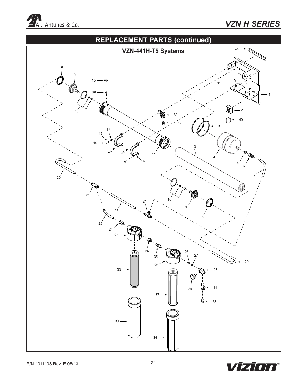 Vzn h series, Replacement parts (continued), Vzn-441h-t5 systems | A.J. Antunes & Co VZN-441H-T5 9700765 User Manual | Page 21 / 24