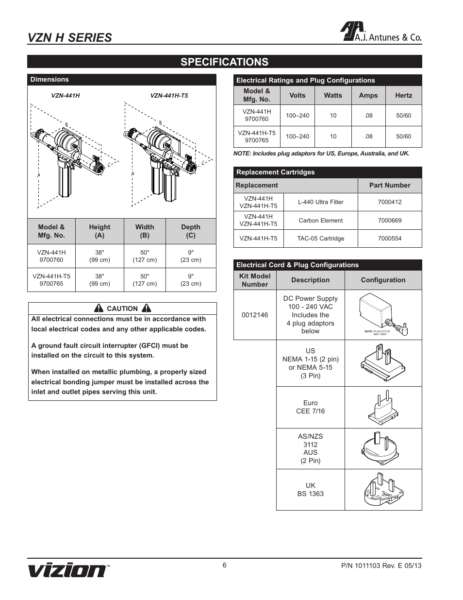 Vzn h series, Specifications | A.J. Antunes & Co VZN-441H-T5 9700765 User Manual | Page 6 / 24