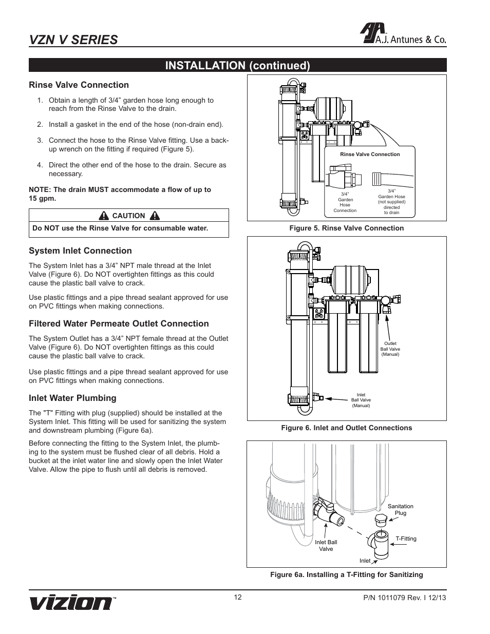 Vzn v series, Installation (continued), Rinse valve connection | System inlet connection, Filtered water permeate outlet connection, Inlet water plumbing | A.J. Antunes & Co VZN-441V-T5 9700751 User Manual | Page 12 / 24