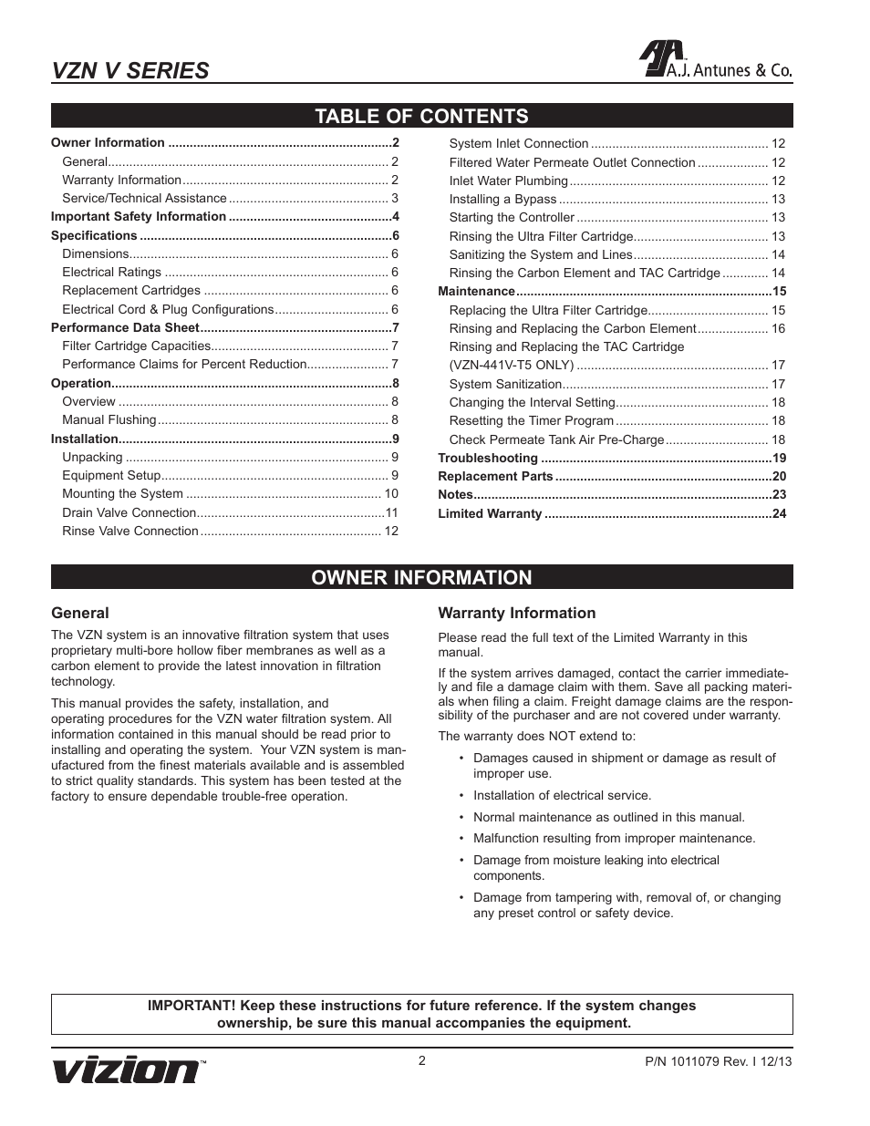 Vzn v series, Owner information table of contents | A.J. Antunes & Co VZN-441V-T5 9700751 User Manual | Page 2 / 24