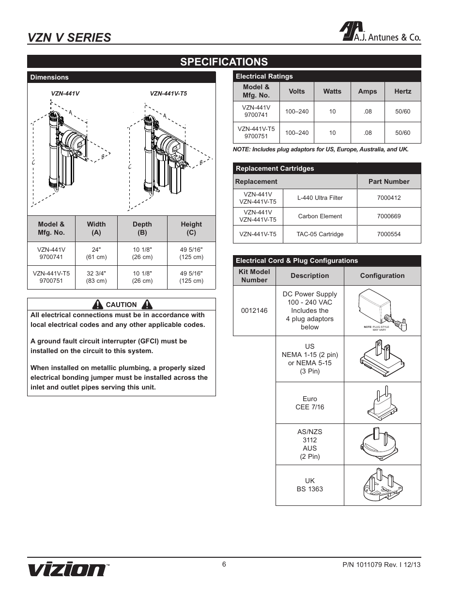 Vzn v series, Specifications | A.J. Antunes & Co VZN-441V-T5 9700751 User Manual | Page 6 / 24