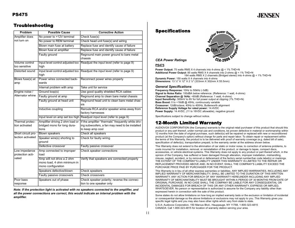 Specifications, Cea power ratings, General specifications | Month limited warranty, Troubleshooting, Ps475 | Audiovox Jensen PS475 User Manual | Page 11 / 14