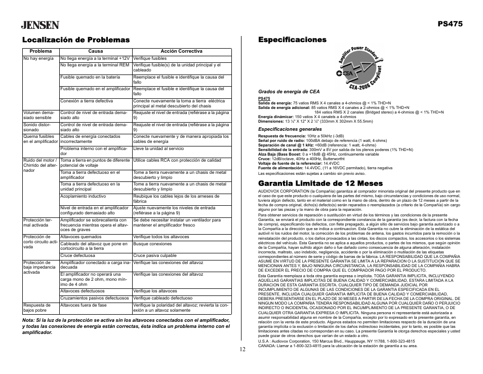 Especificaciones, Grados de energía de cea, Especificaciones generales | Garantia limitade de 12 meses, Localización de problemas, Ps475 | Audiovox Jensen PS475 User Manual | Page 12 / 14