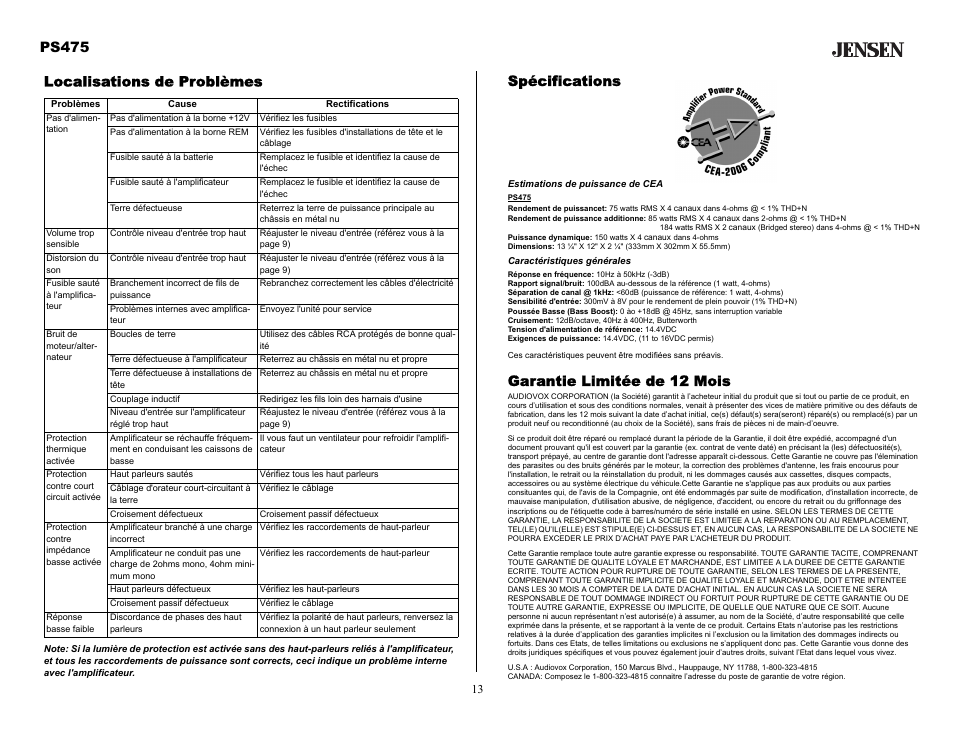 Spécifications, Estimations de puissance de cea, Caractéristiques générales | Garantie limitée de 12 mois, Localisations de problèmes, Ps475 | Audiovox Jensen PS475 User Manual | Page 13 / 14