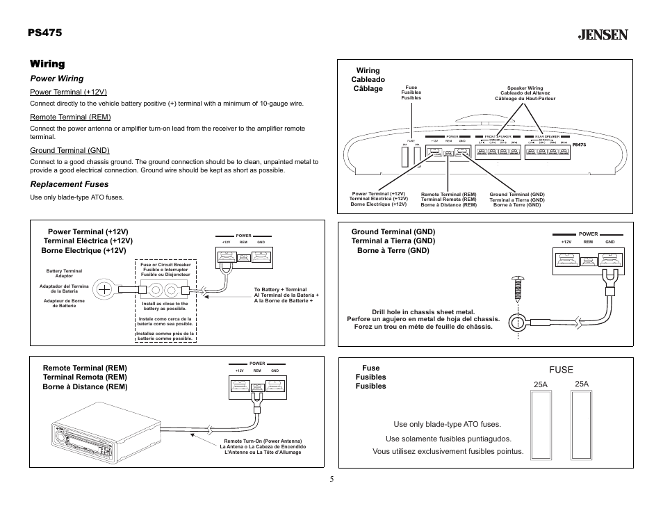 Wiring, Power wiring, Replacement fuses | Ps475 | Audiovox Jensen PS475 User Manual | Page 5 / 14