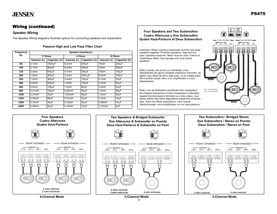 Wiring (continued), Speaker wiring, Ps475 | Audiovox Jensen PS475 User Manual | Page 6 / 14