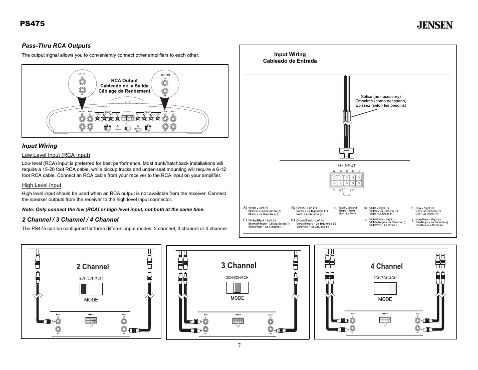 Pass-thru rca outputs, Input wiring, 2 channel / 3 channel / 4 channel | 3 channel, 4 channel 2 channel | Audiovox Jensen PS475 User Manual | Page 7 / 14