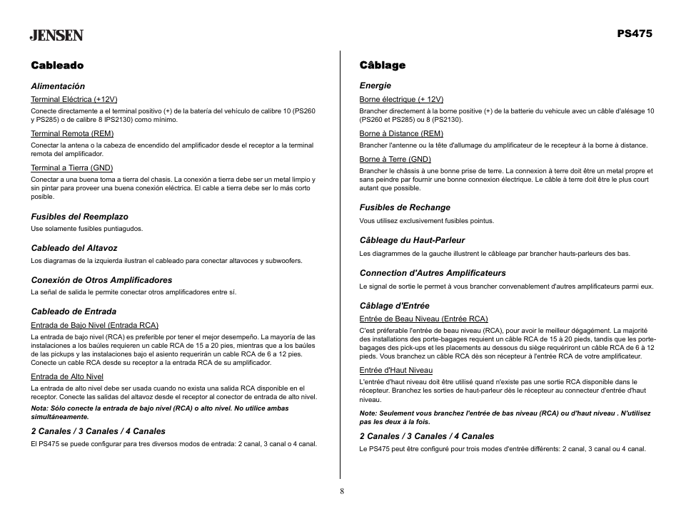 Cableado, Alimentación, Fusibles del reemplazo | Cableado del altavoz, Conexión de otros amplificadores, Cableado de entrada, 2 canales / 3 canales / 4 canales, Câblage, Energie, Fusibles de rechange | Audiovox Jensen PS475 User Manual | Page 8 / 14