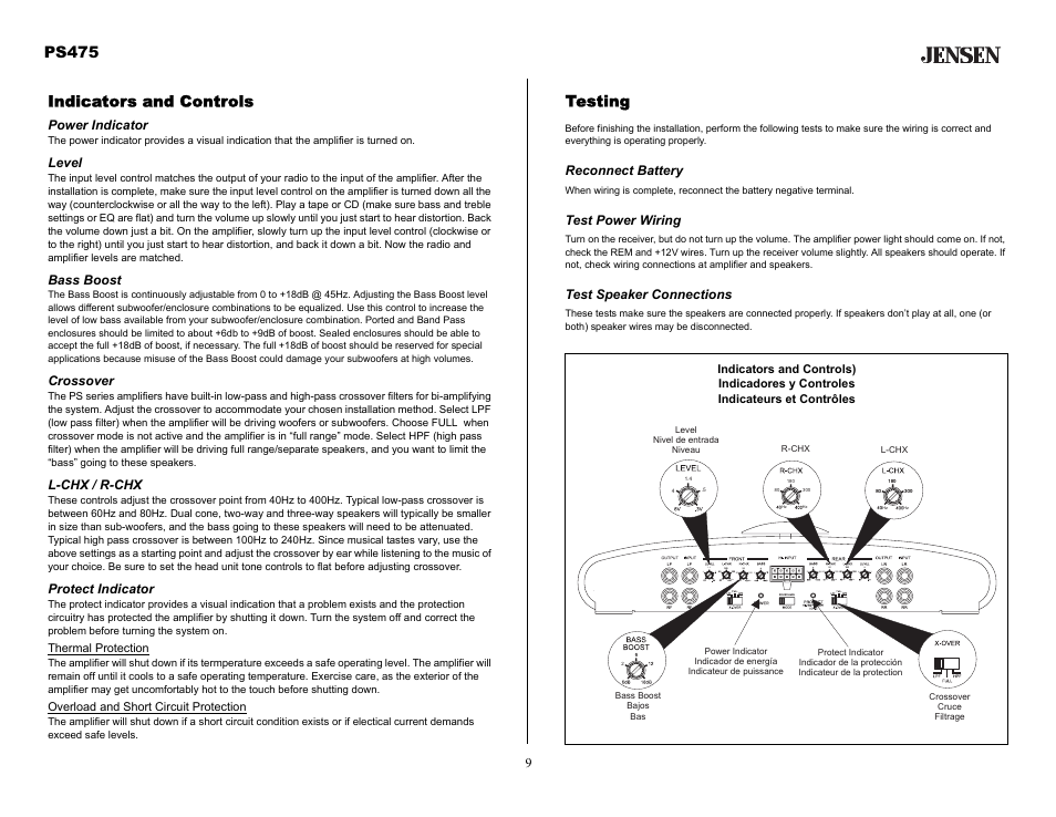 Indicators and controls, Power indicator, Level | Bass boost, Crossover, L-chx / r-chx, Protect indicator, Testing, Reconnect battery, Test power wiring | Audiovox Jensen PS475 User Manual | Page 9 / 14