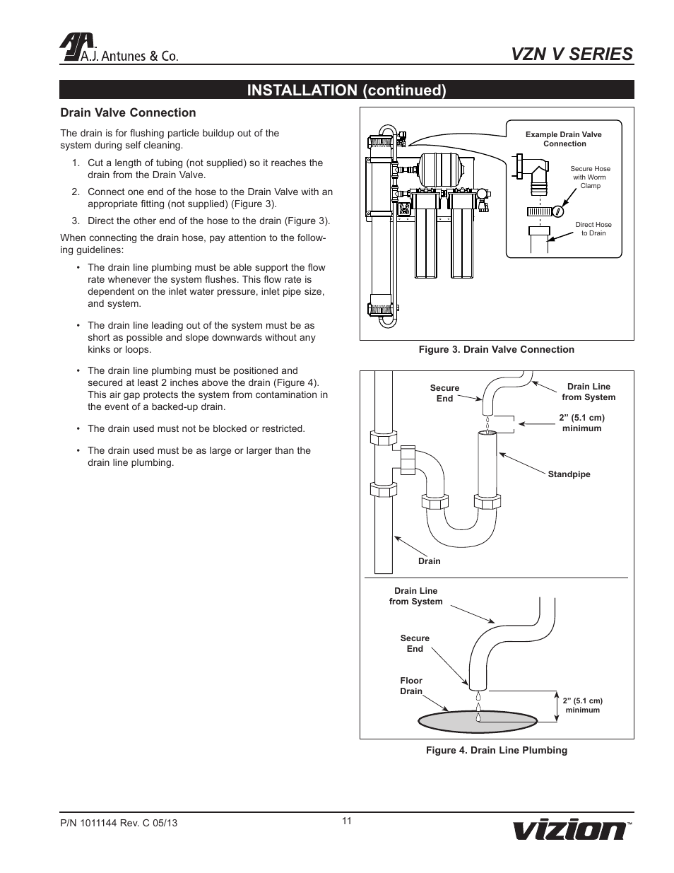 Vzn v series, Installation (continued), Drain valve connection | A.J. Antunes & Co VZN-441V-T5 9700766 User Manual | Page 11 / 24