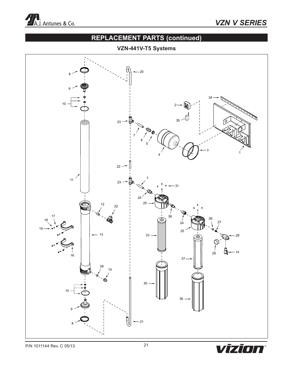 Vzn v series, Replacement parts (continued), Vzn-441v-t5 systems | A.J. Antunes & Co VZN-441V-T5 9700766 User Manual | Page 21 / 24