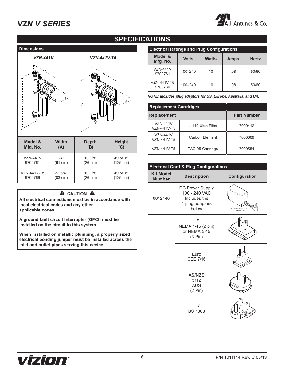 Vzn v series, Specifications | A.J. Antunes & Co VZN-441V-T5 9700766 User Manual | Page 6 / 24
