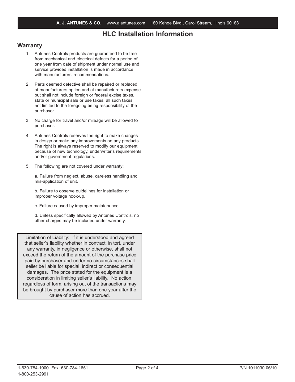 Hlc installation information, Warranty | A.J. Antunes & Co HLC 8513230063 User Manual | Page 2 / 4