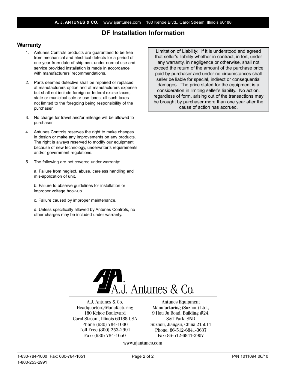 Df installation information | A.J. Antunes & Co DF 8563140061 User Manual | Page 2 / 2