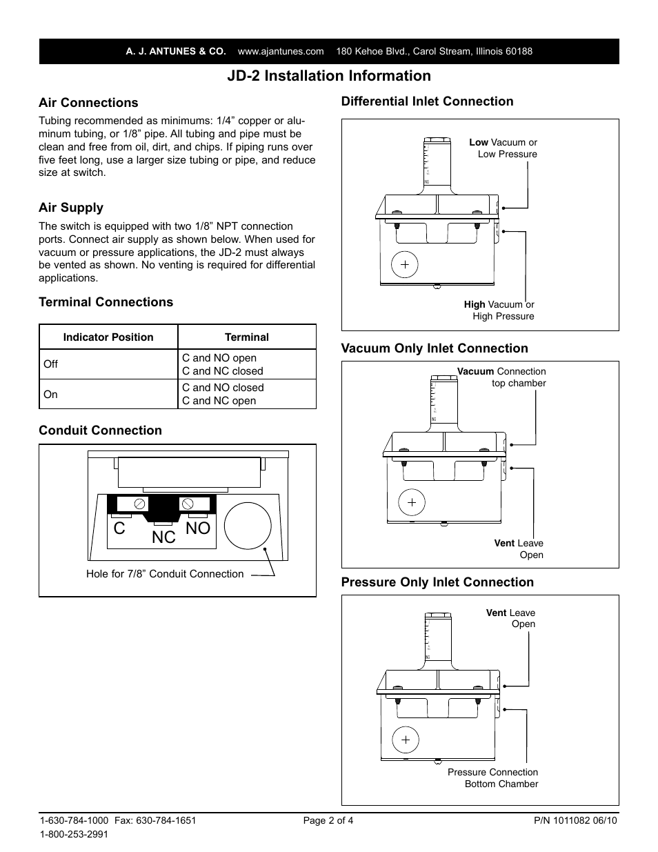 Cno nc, Jd-2 installation information, Air connections | Air supply, Hole for 7/8” conduit connection | A.J. Antunes & Co JD-2O 801111315 User Manual | Page 2 / 4