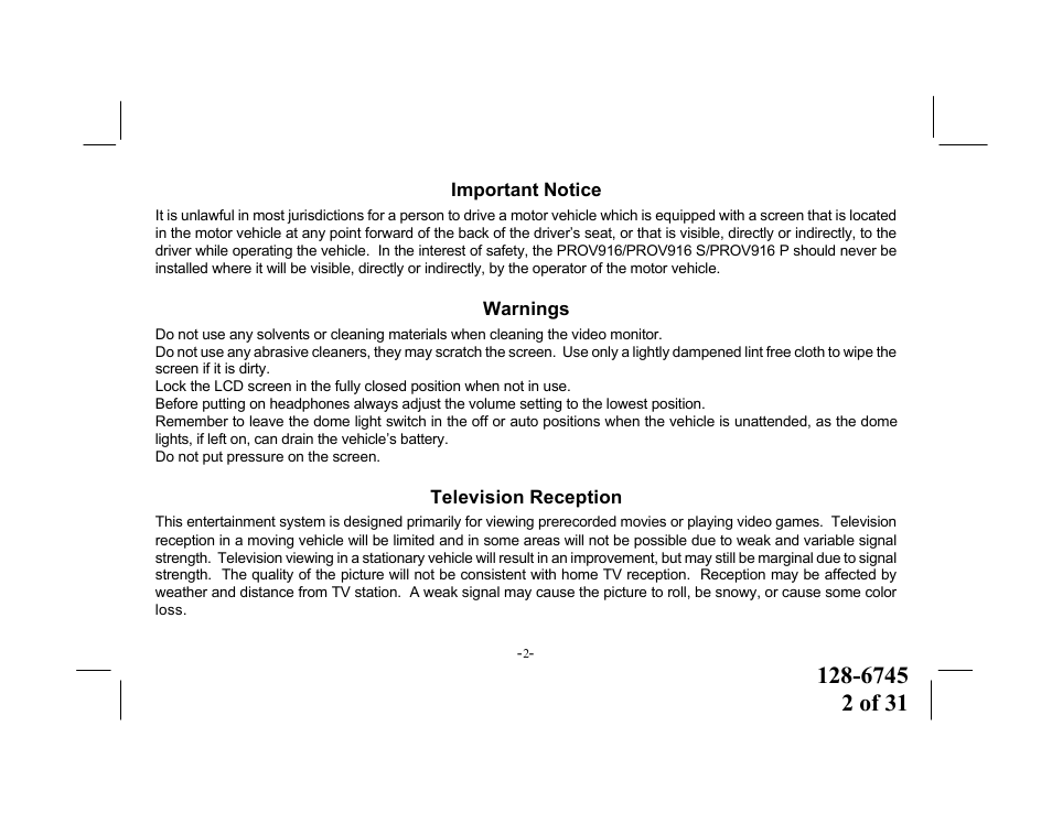 Audiovox PROV916 S User Manual | Page 2 / 31