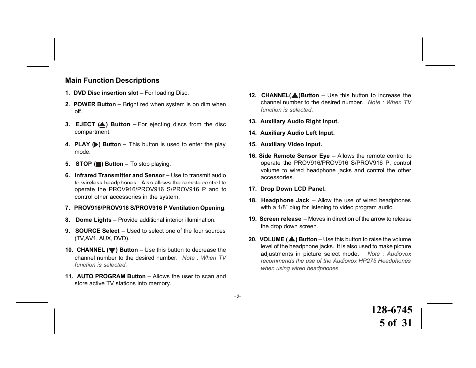 Audiovox PROV916 S User Manual | Page 5 / 31