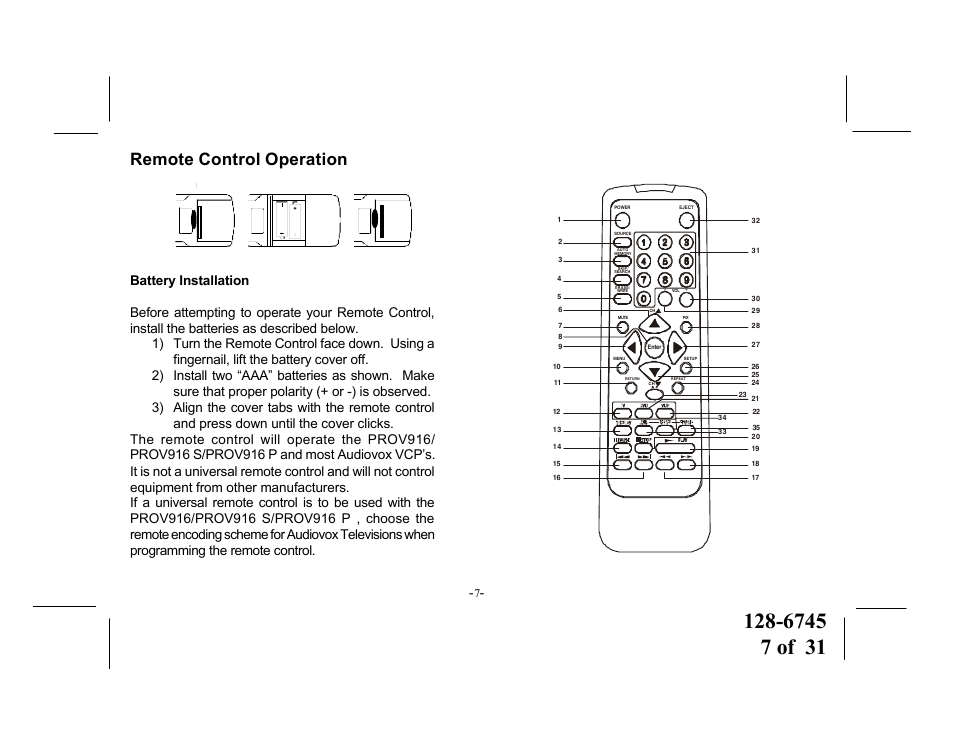 Remote control operation | Audiovox PROV916 S User Manual | Page 7 / 31