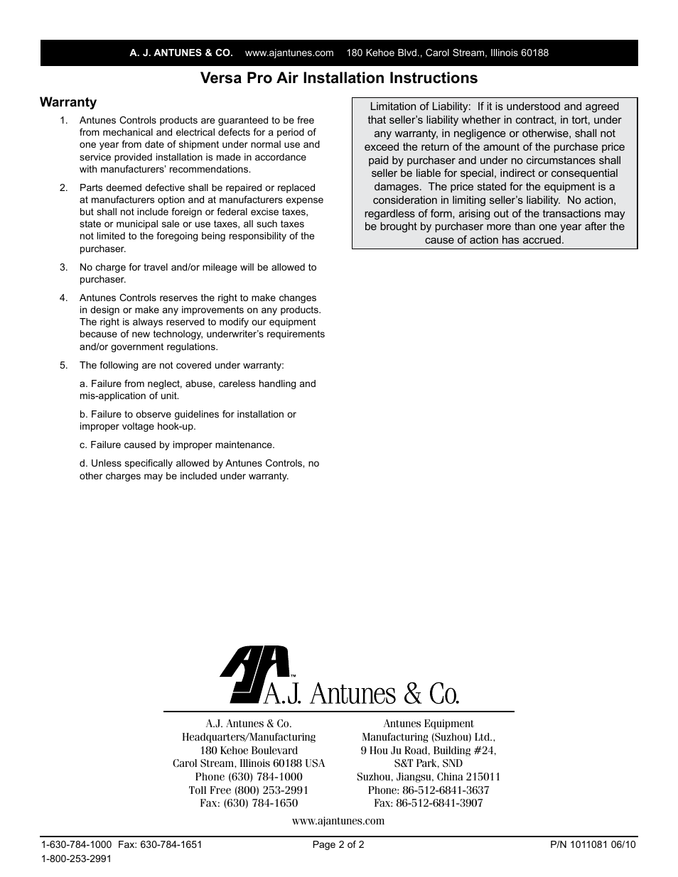 Versa pro air installation instructions | A.J. Antunes & Co FCA010 8191032010 User Manual | Page 2 / 2