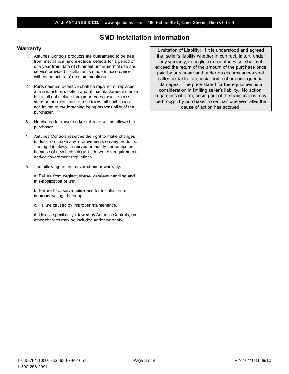 Smd installation information, Warranty | A.J. Antunes & Co SMD 8021202103 User Manual | Page 3 / 4