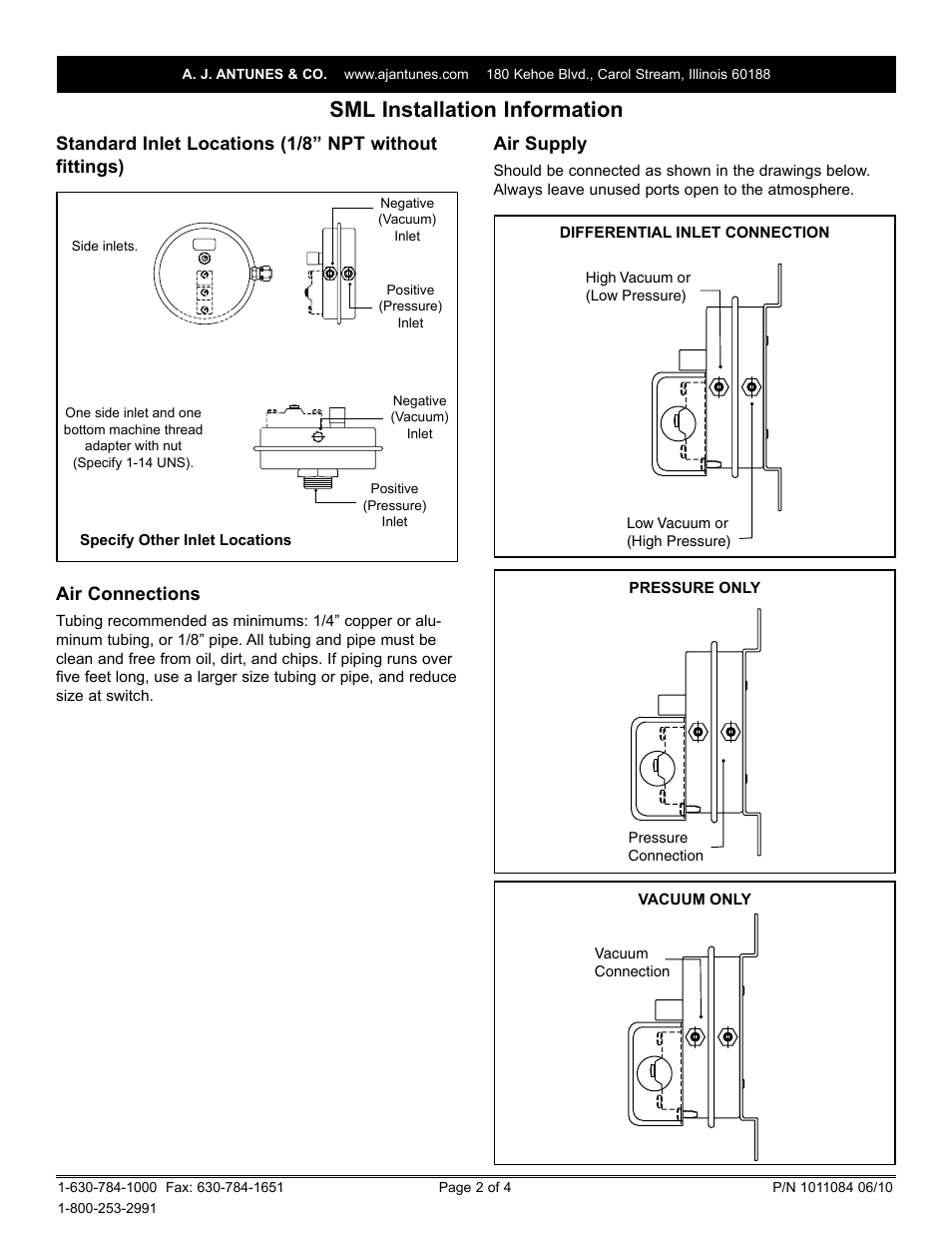 Sml installation information, Air connections, Air supply | A.J. Antunes & Co SML 8221210034 User Manual | Page 2 / 4